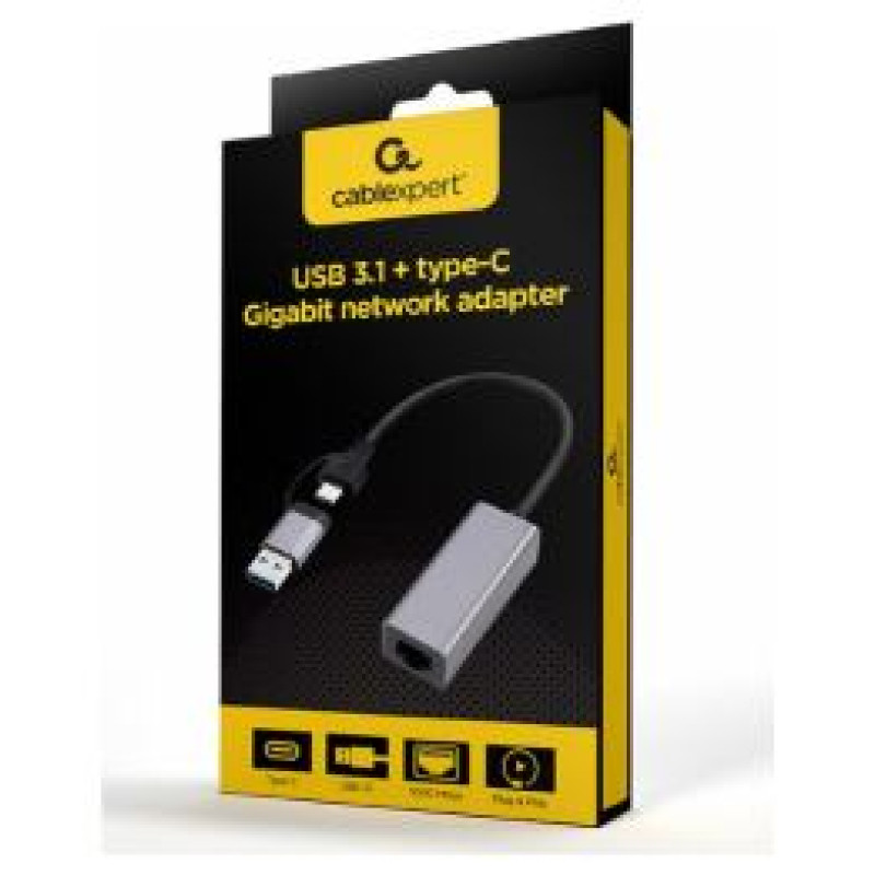 Gembird Adapteris Gembird USB 3.1 + Type-C Gigabit Network Adapter Space Grey