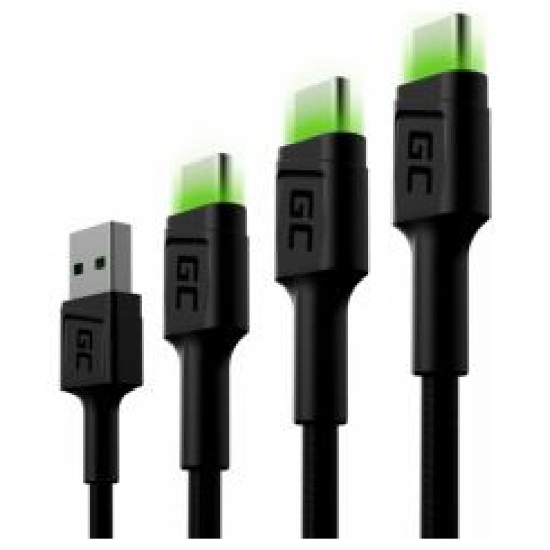 Green Cell USB Male - USB Type-C Male Set 3x with LED Diode 1.2m