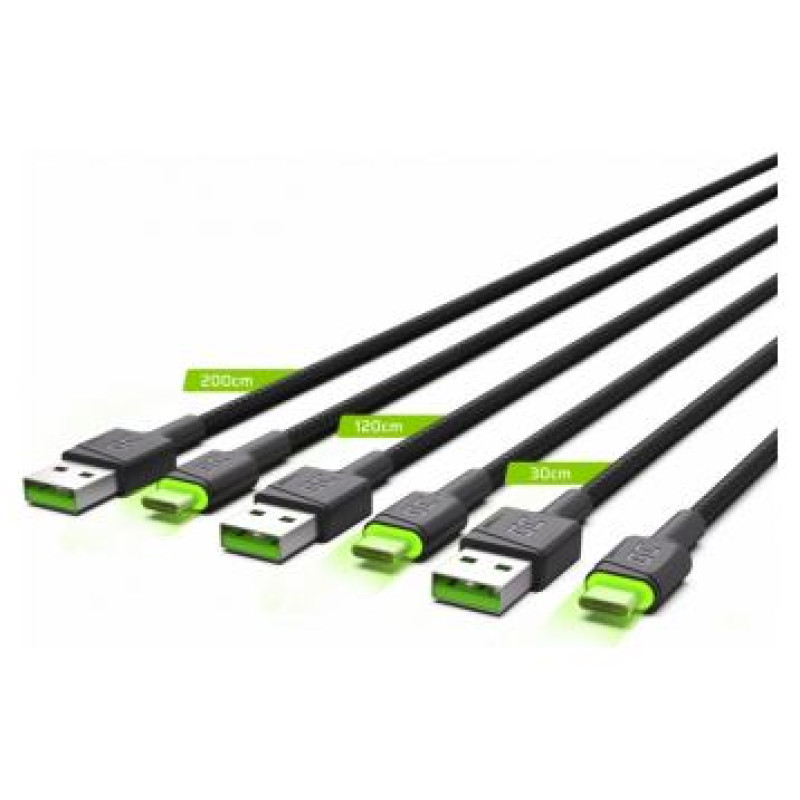 Green Cell USB Male - USB Type-C Male Set 3x with LED Diode 1.2m