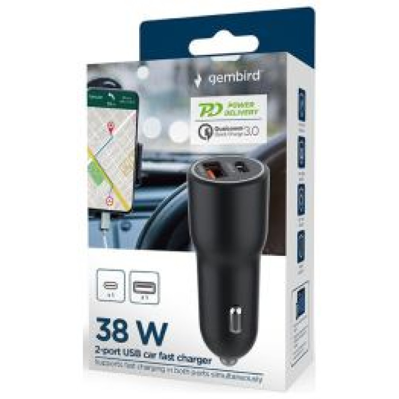 Gembird Auto lādētājs Gembird USB Type-C + USB Type-A Black