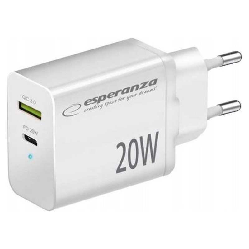 Esperanza EZC105W Lādētājs Type C 20W + USB QC3.0 18W