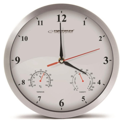 Esperanza EHC008W Sienas pulkstenis ar termometru un gaisa mitruma mērītāju. 30cm alumīnija korpuss