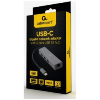 Gembird USB-C Gigabit network adapter with 3-port USB 3.1 hub