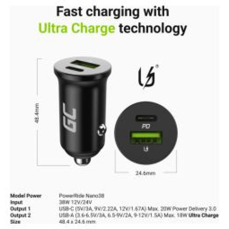 Green Cell Lādētājs PowerRide Nano 38W Ultra Charge Fast Charging