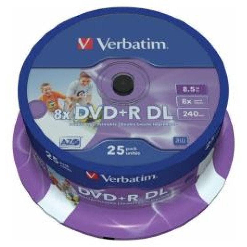 Verbatim Matricas DVD+R DL Verbatim 8.5GB Double Layer 8x AZO Wide Printable non ID 25 Pack Spindle