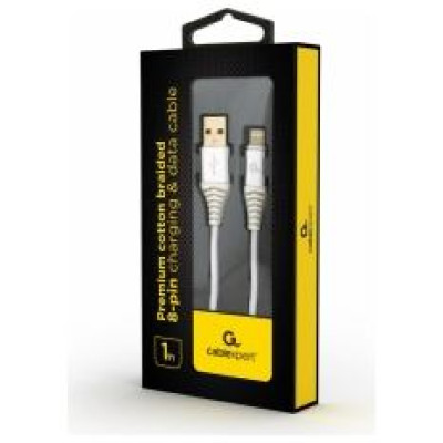 Gembird USB Male - Lightning Male Premium cotton braided 1m Silver/White