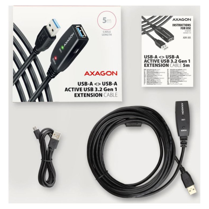 Axagon Active extension USB 3.2 Gen 1 A-M > A-F cable, 5 m long. Power supply option.