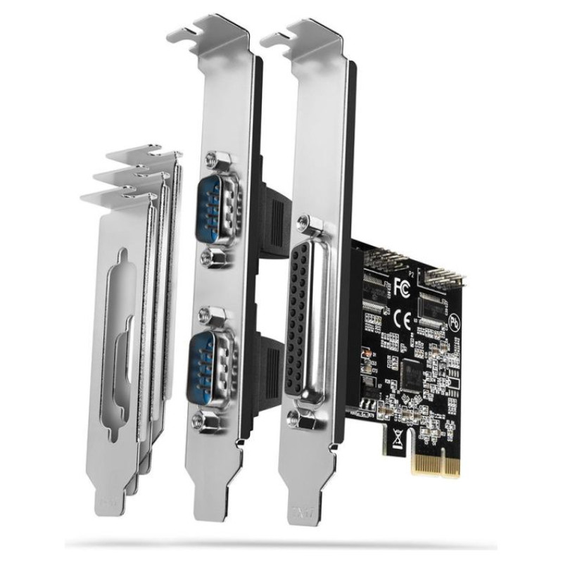 Axagon PCI-Express card with one parallel and two serial ports 250 kbps. ASIX AX99100. Standard & Low profile.