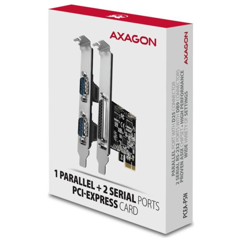 Axagon PCI-Express card with one parallel and two serial ports 250 kbps. ASIX AX99100. Standard & Low profile.