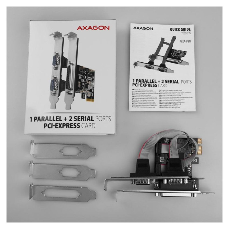 Axagon PCI-Express card with one parallel and two serial ports 250 kbps. ASIX AX99100. Standard & Low profile.
