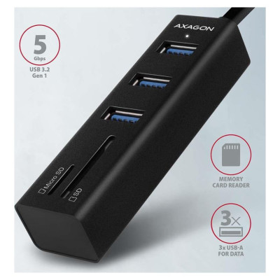 Axagon HMA-CR3A 3x USB-A + SD/microSD, USB3.2 Gen 1 hub, metal, 20cm USB-A cable