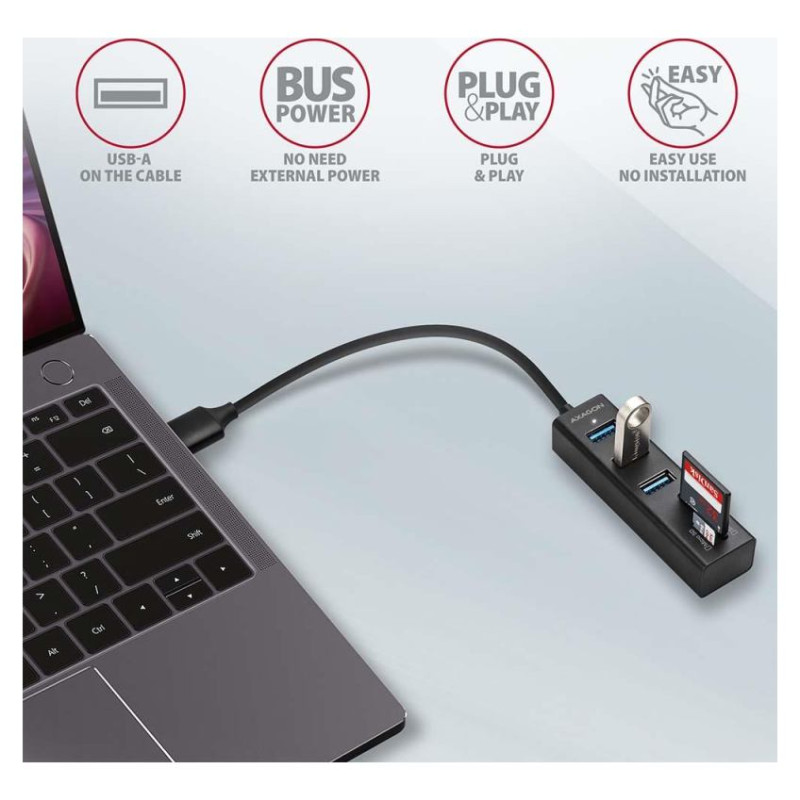 Axagon HMA-CR3A 3x USB-A + SD/microSD, USB3.2 Gen 1 hub, metal, 20cm USB-A cable