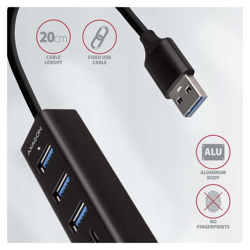 Axagon HMA-CR3A 3x USB-A + SD/microSD, USB3.2 Gen 1 hub, metal, 20cm USB-A cable
