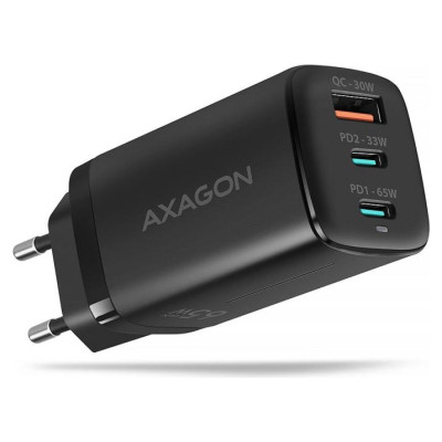 Axagon GaN wallcharger <240V / 3x port (USB + dual USB-C), PD3.0/QC4+/PPS/Apple. 65W total power.