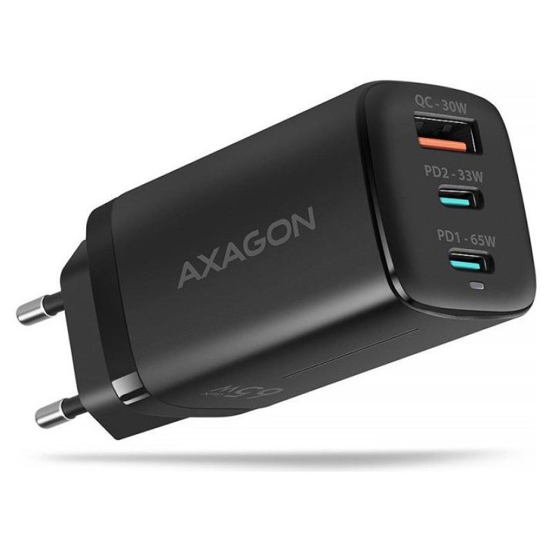 Axagon GaN wallcharger <240V / 3x port (USB + dual USB-C), PD3.0/QC4+/PPS/Apple. 65W total power.