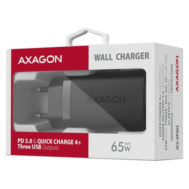 Axagon GaN wallcharger <240V / 3x port (USB + dual USB-C), PD3.0/QC4+/PPS/Apple. 65W total power.