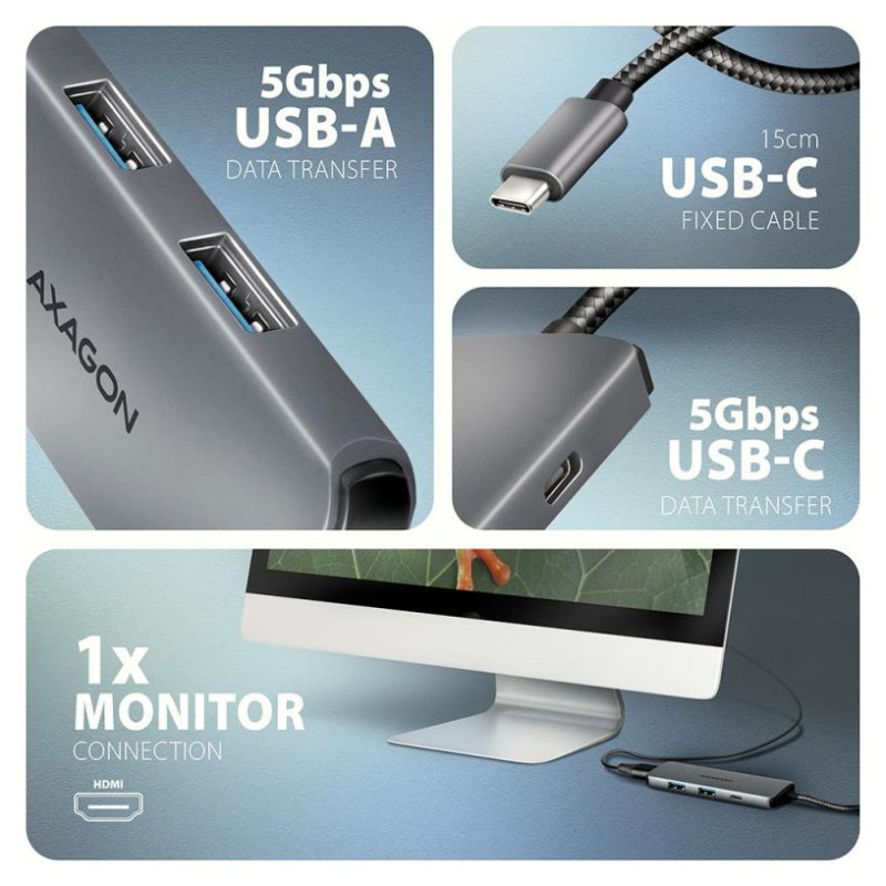 Axagon HMC-5H8K USB 5Gbps hub, 2x USB-A, USB-C, HDMI 8k/30Hz, PD 100W,