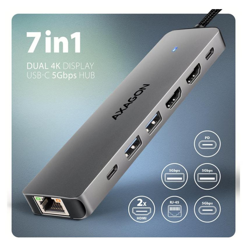 Axagon HMC-7HX2 USB-C 3.2 Gen 1 hub, 2x USB-A + 1x USB-C, 2x HDMI 4K 60Hz, GLAN, PD 100W, 15cm USB-C cable