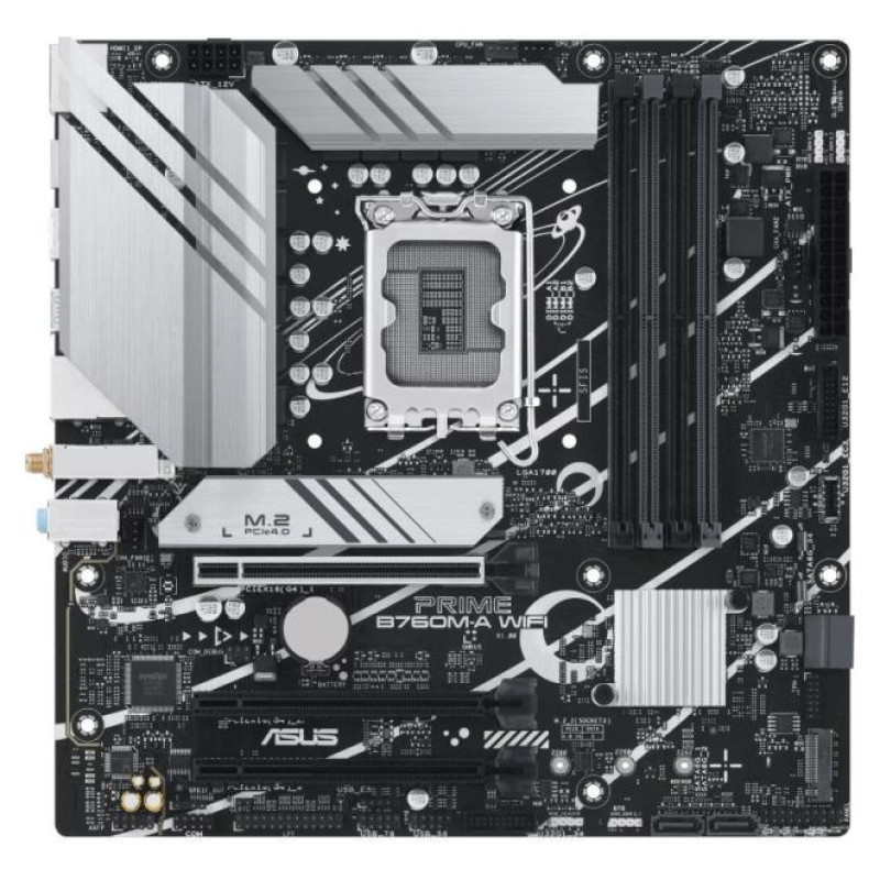 Asus Mainboard|ASUS|Intel B760 Express|LGA1700|Micro-ATX|Memory DDR5|Memory slots 4|3xPCI-Express 4.0 16x|2xM.2|2xHDMI|1xDisplayPort|4xUSB 2.0|2xUSB 3.2|1xPS/2|1xRJ45|3xAudio port|PRIMEB760M-AWIFI