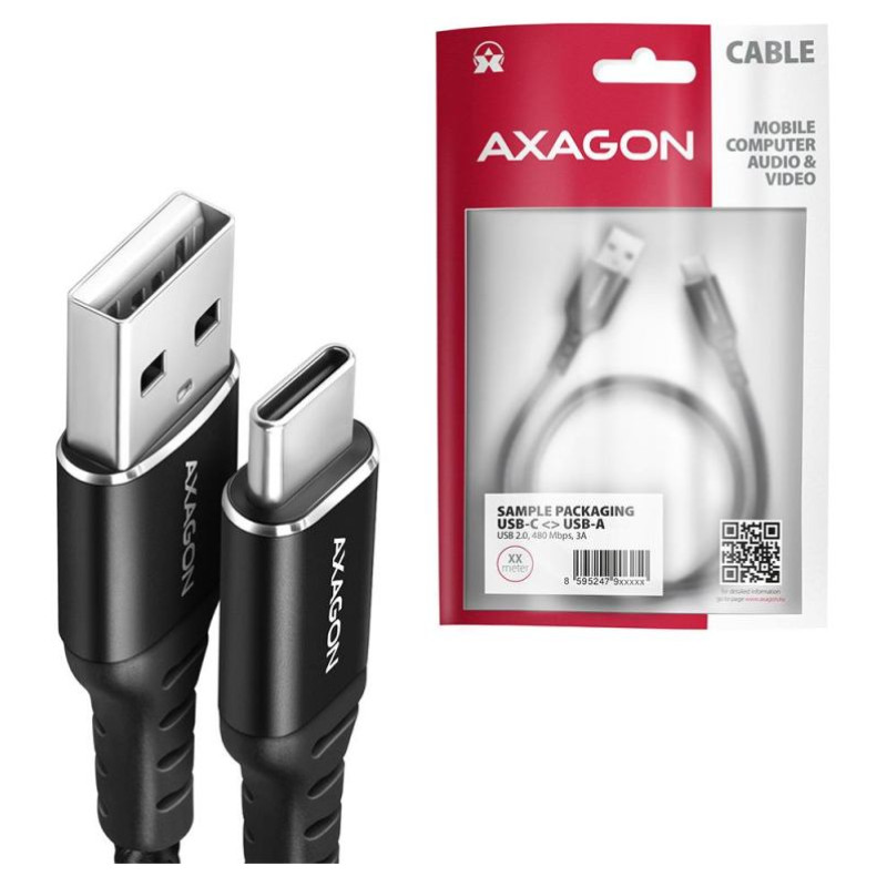 Axagon Data and charging USB 2.0 cable length 1.5 m. 3A. Black braided.