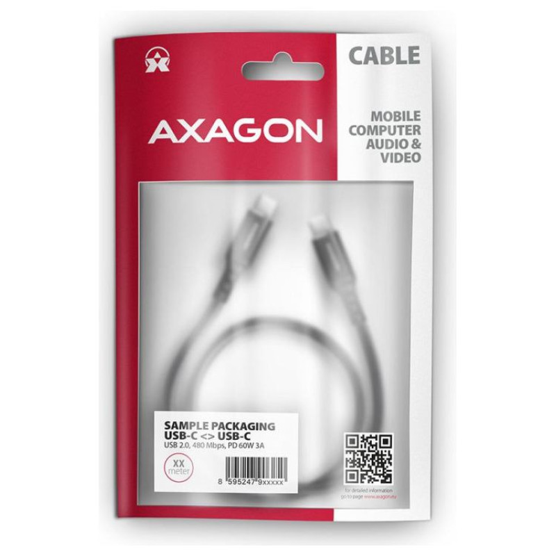 Axagon Data and charging USB 2.0 cable length 3 m. 3A. PD 60W, 3A. Black braided.