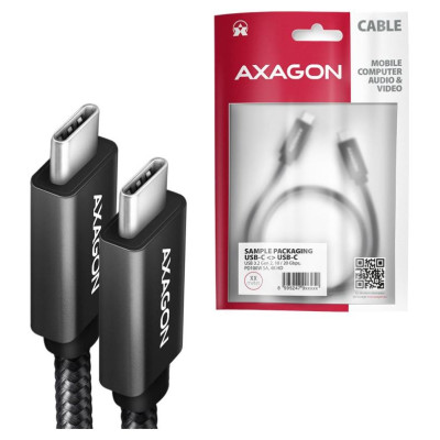 Axagon Data and charging USB 3.2 Gen 2 cable lengh 2 m. PD 100W, 5A, 4K HD video. Black braided.