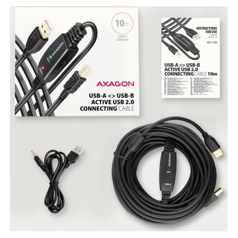 Axagon Aragon ADR-210B Active connection USB 2.0 A-M > B-M cable, 10 m long. Power supply option.