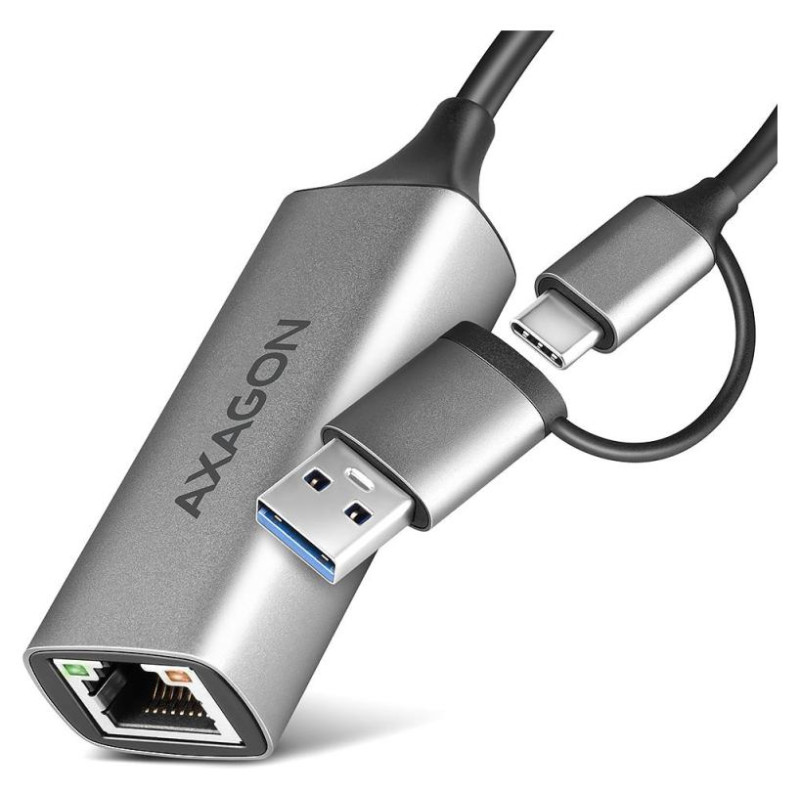Axagon ADE-TXCA USB-C USB3.2 Gen 1 + USB-A reduction- Gigabit Ethernet 10/100/1000 Adapter, metal, titan grey