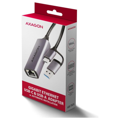 Axagon ADE-TXCA USB-C USB3.2 Gen 1 + USB-A reduction- Gigabit Ethernet 10/100/1000 Adapter, metal, titan grey