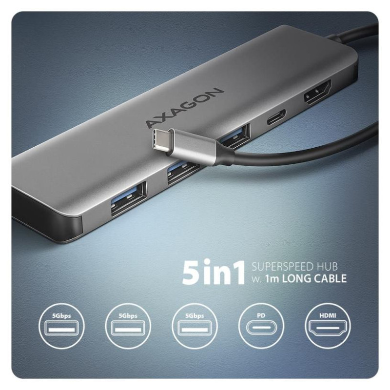 Axagon HMC-5H USB-C 3.2 Gen 1 hub, 3x USB-A, 4K HDMI, PD 100W, 100cm USB-C cable