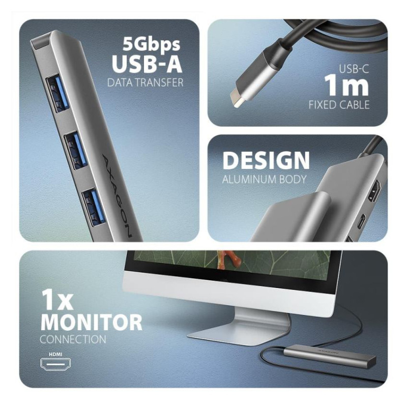 Axagon HMC-5H USB-C 3.2 Gen 1 hub, 3x USB-A, 4K HDMI, PD 100W, 100cm USB-C cable