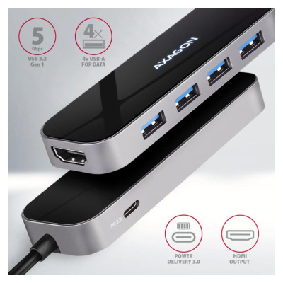 Axagon Multi port USB 3.2 Gen 1 hub. HDMI, four USB-A outputs and Power Delivery. Kabel USB-C 20cm.