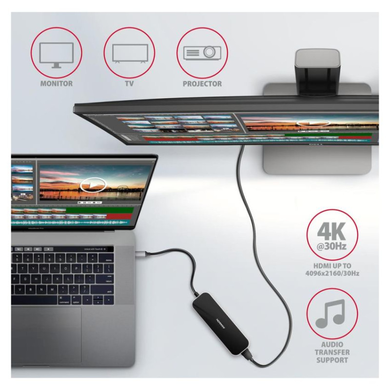 Axagon Multi port USB 3.2 Gen 1 hub. HDMI, four USB-A outputs and Power Delivery. Kabel USB-C 20cm.