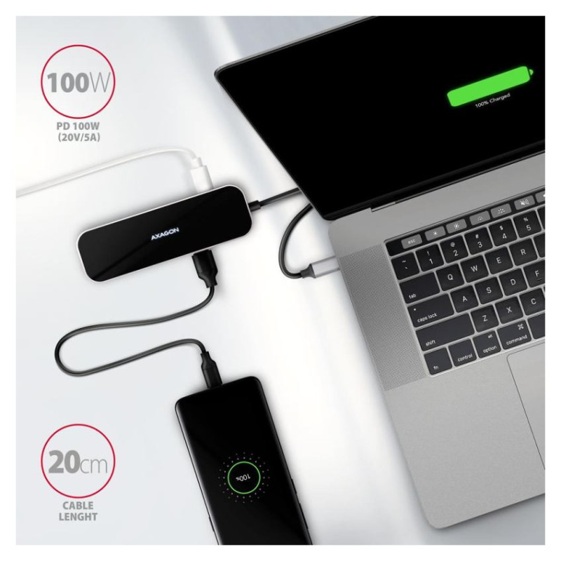 Axagon Multi port USB 3.2 Gen 1 hub. HDMI, four USB-A outputs and Power Delivery. Kabel USB-C 20cm.