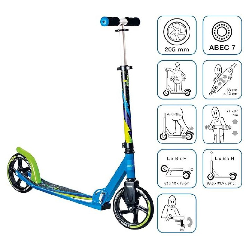 Muuwmi Aluminium Scooter skrejritenis 205 mm,zaļ&scaron;-zils - melns - AU 522