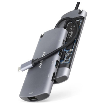 Axagon HMC-6M2 SUPERSPEED USB-C COMBO 6IN1 HUBMultiport USB 3.2 Gen 1 hub. SATA M.2, HDMI, Gigabit LAN and Power Delivery. Cable USB-C 18 cm.