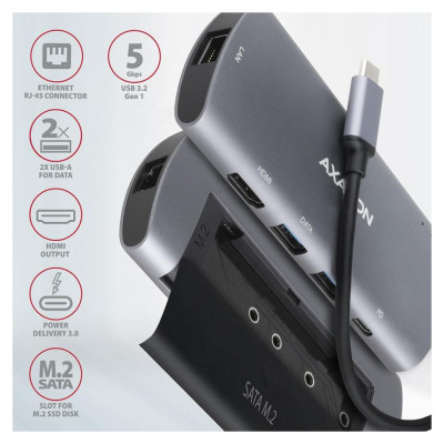Axagon HMC-6M2 SUPERSPEED USB-C COMBO 6IN1 HUBMultiport USB 3.2 Gen 1 hub. SATA M.2, HDMI, Gigabit LAN and Power Delivery. Cable USB-C 18 cm.