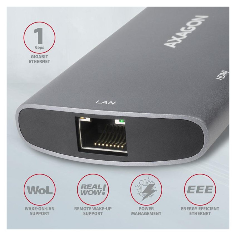 Axagon HMC-6M2 SUPERSPEED USB-C COMBO 6IN1 HUBMultiport USB 3.2 Gen 1 hub. SATA M.2, HDMI, Gigabit LAN and Power Delivery. Cable USB-C 18 cm.