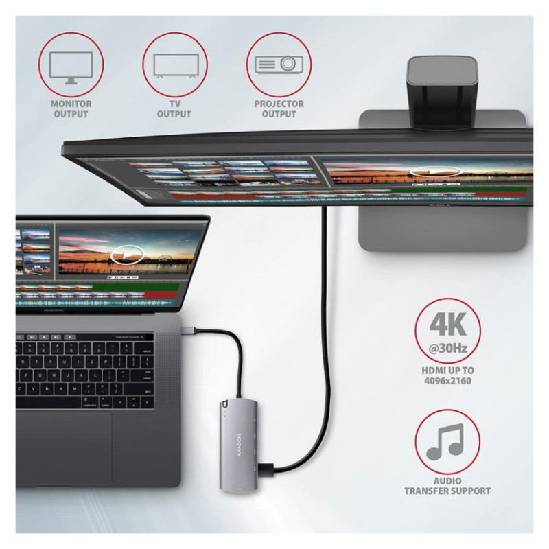 Axagon HMC-6M2 SUPERSPEED USB-C COMBO 6IN1 HUBMultiport USB 3.2 Gen 1 hub. SATA M.2, HDMI, Gigabit LAN and Power Delivery. Cable USB-C 18 cm.