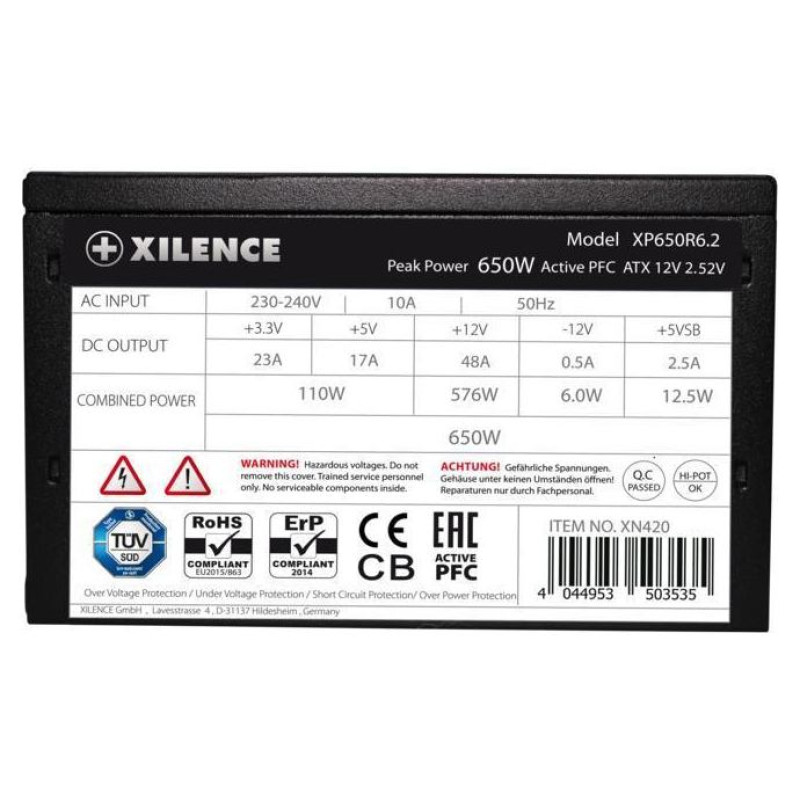 Xilence Power Supply|XILENCE|Performance C+ | XP650R6.2|650 Watts|Efficiency 80 PLUS|PFC Active|XN421BULK