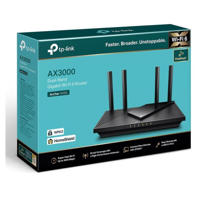Tp-Link Wireless Router|TP-LINK|Wireless Router|3000 Mbps|Wi-Fi 6|USB 3.0|1 WAN|4x10/100/1000M|Number of antennas 4|ARCHERAX55