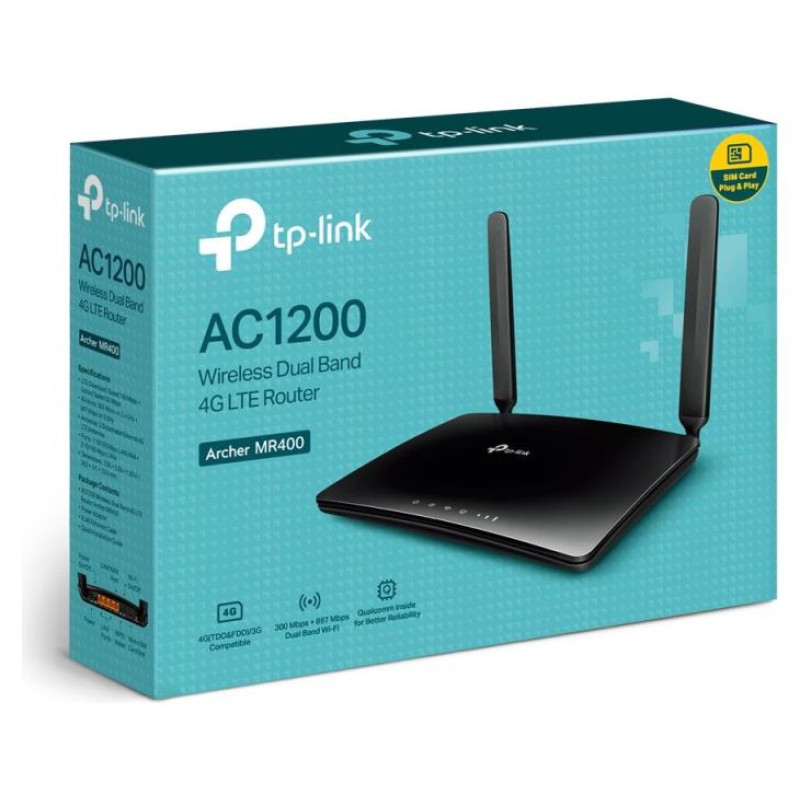 Tp-Link Wireless Router|TP-LINK|Router / Modem|1200 Mbps|IEEE 802.11a|IEEE 802.11 b/g|IEEE 802.11n|IEEE 802.11ac|3x10/100M|LAN \ WAN ports 1|Number of antennas 2|4G|ARCHERMR400
