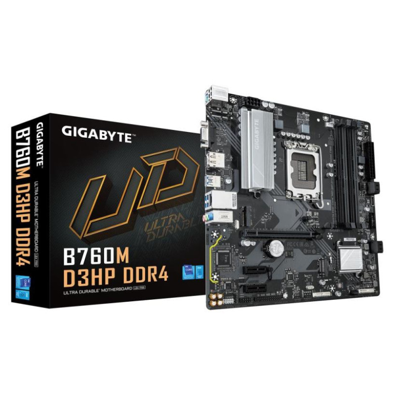 Gigabyte Mainboard|GIGABYTE|Intel B760 Express|LGA1700|Micro-ATX|Memory DDR4|Memory slots 4|2xPCI-Express 3.0 1x|1xPCI-Express 4.0 16x|2xM.2|1x15pin D-sub|1xHDMI|1xDisplayPort|6xUSB 2.0|5xUSB 3.2|1xUSB-C|1xPS/2|1xRJ45|3xAudio port|B760MD3HPDDR4