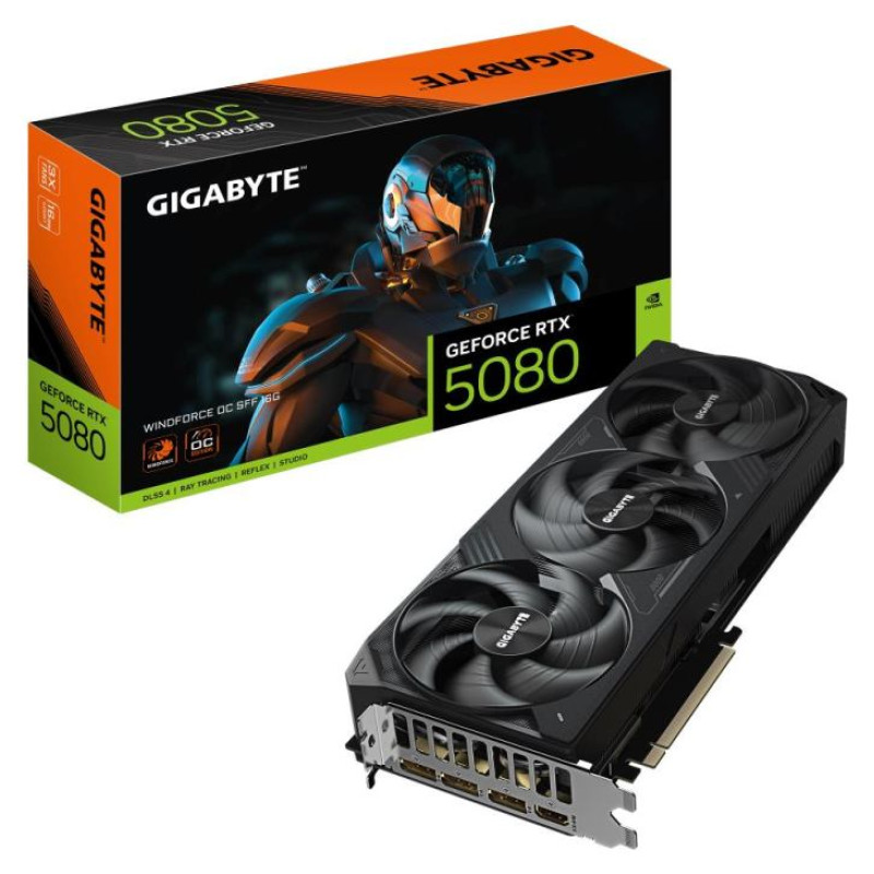Gigabyte Graphics Card|GIGABYTE|NVIDIA GeForce RTX 5080|16 GB|GDDR7|256 bit|PCIE 5.0 16x|GPU 2670 MHz|Triple slot Fansink|1xHDMI|3xDisplayPort|GV-N5080WF3OC-16GD1.0