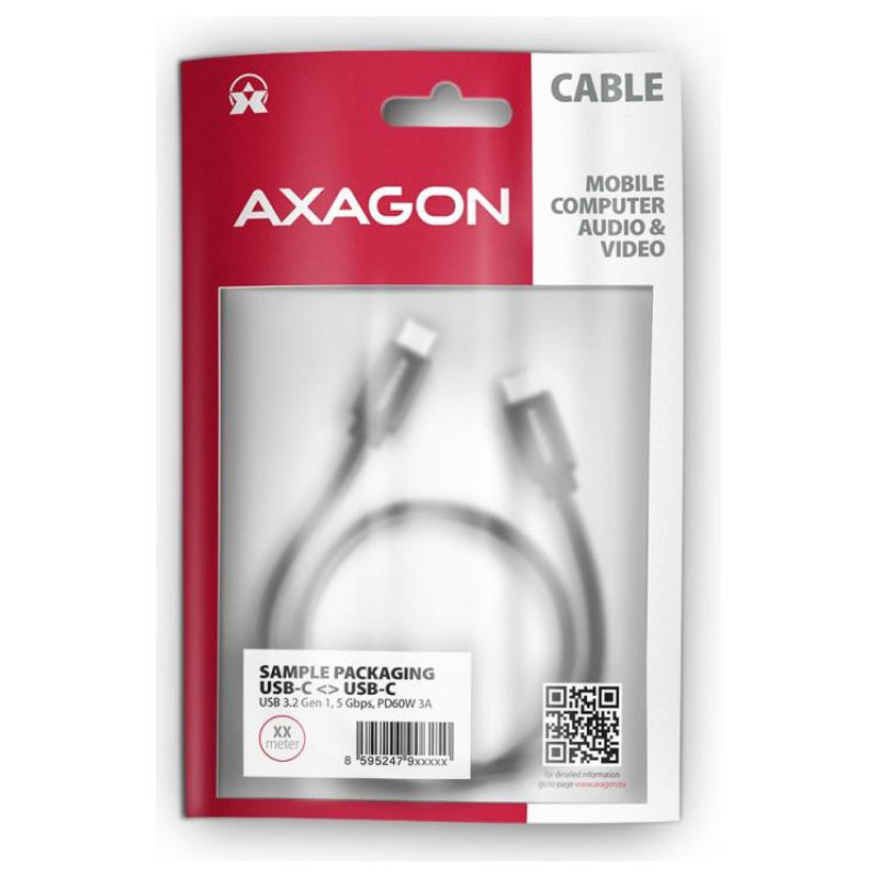 Axagon Data and charging USB 3.2 Gen 1 cable length 1.5 m. PD 60W, 3A. Black braided.