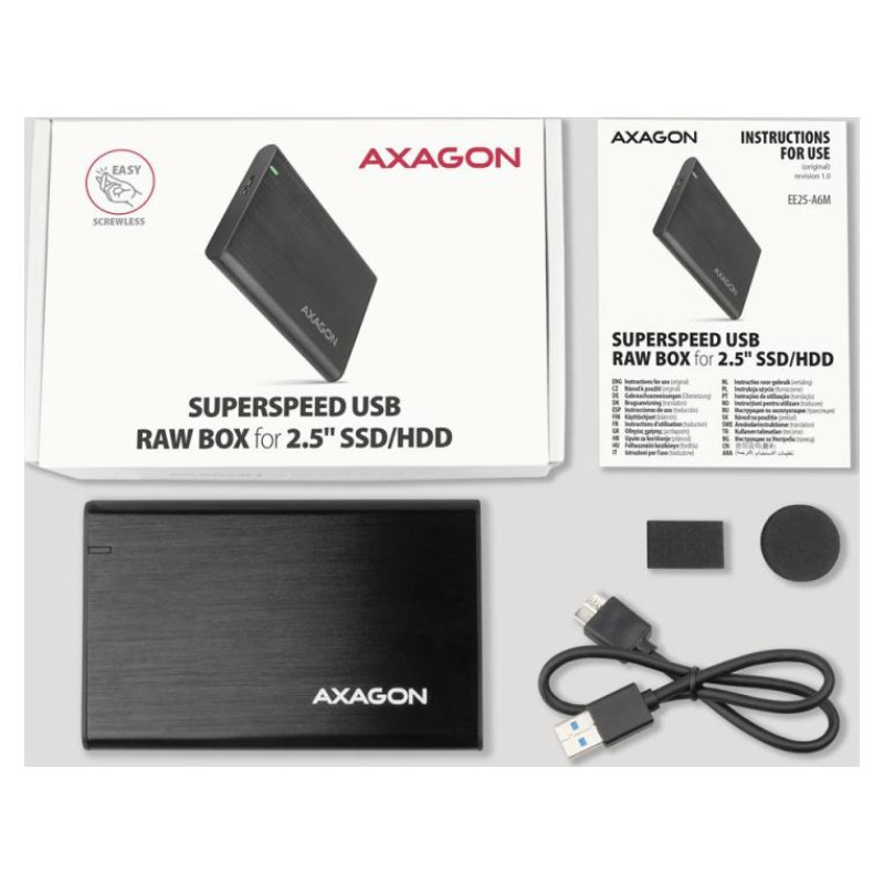 Axagon EE25-A6M USB3.0 - SATA 6G 2.5" External SCREWLESS ALU RAW box BLACK