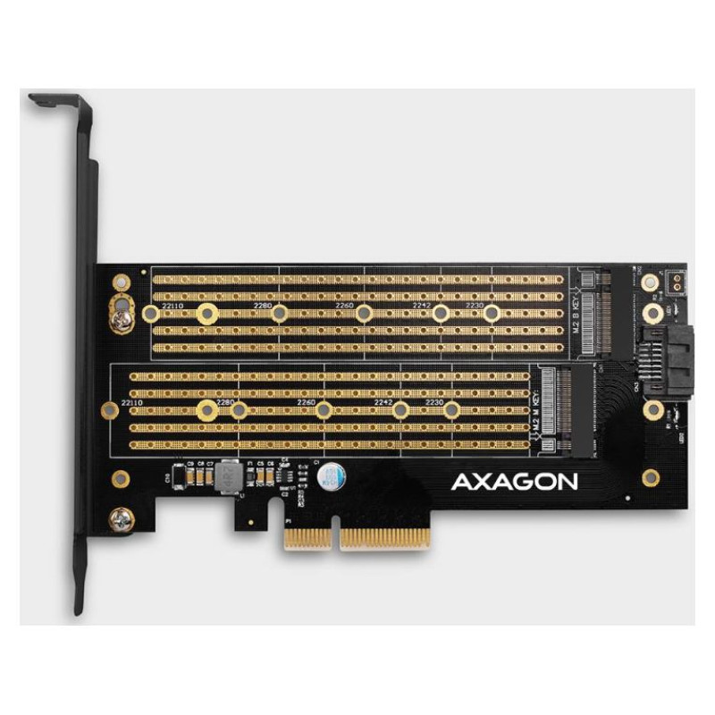 Axagon PCEM2-D PCI-E 3.0 4x - DUAL M.2 SSD (NVMe + SATA), dual voltage, up to 110mm SSD