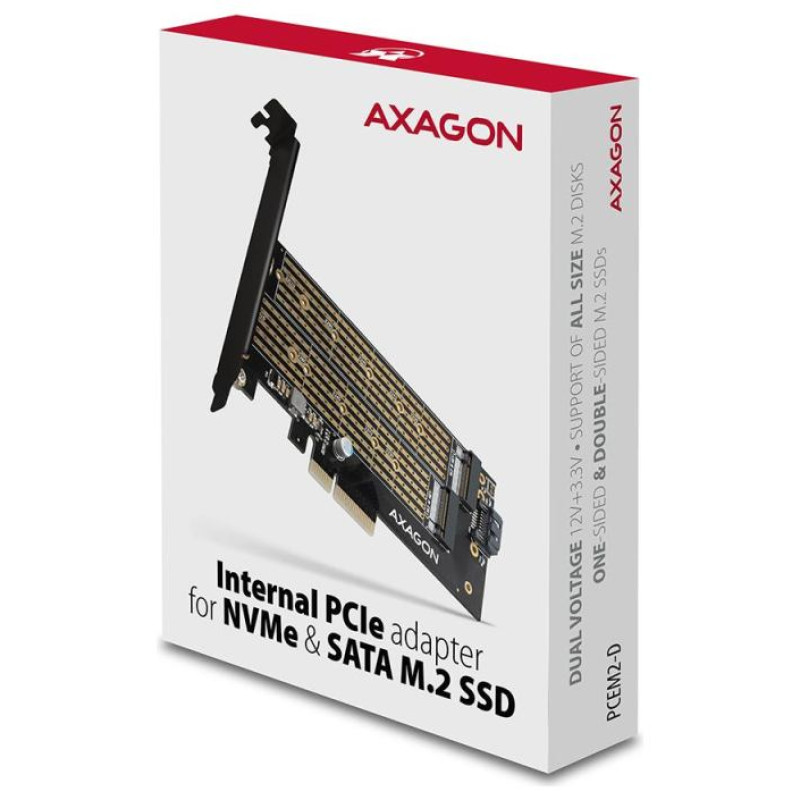 Axagon PCEM2-D PCI-E 3.0 4x - DUAL M.2 SSD (NVMe + SATA), dual voltage, up to 110mm SSD