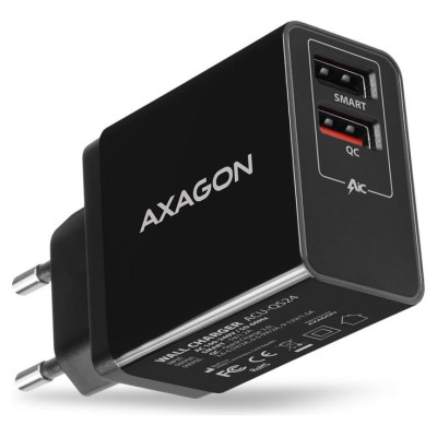 Axagon Dual wallcharger <240V / 2x USB port QC3.0/AFC/FCP + 5V-1.2A. 24W total power.