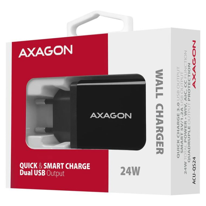 Axagon Dual wallcharger <240V / 2x USB port QC3.0/AFC/FCP + 5V-1.2A. 24W total power.